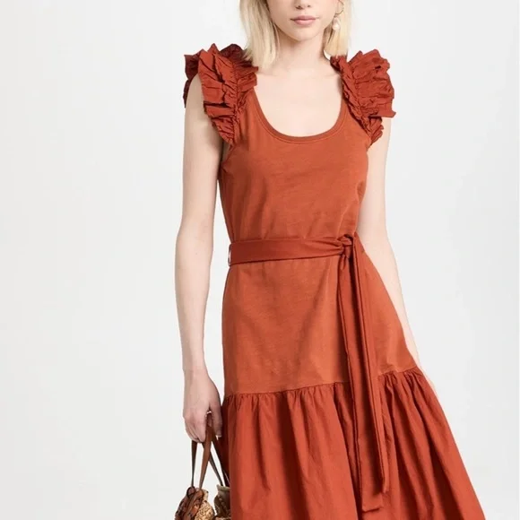 Nation Everleigh Frilly Dress Cayenne Red Orange poplin flutter sleeve Sz XS - Picture 4 of 14